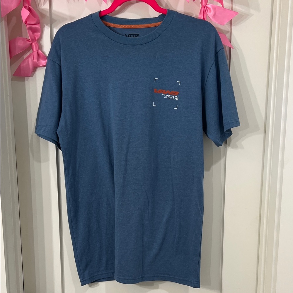 Vans Men's Slate Blue Short Sleeve Graphic Tee with Orange Logo